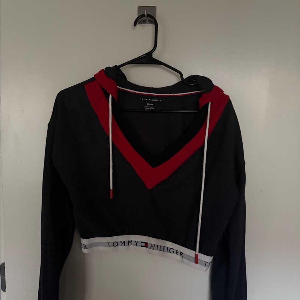 Tommy Hilfiger Black Cropped Hoodie with Red and White Accents